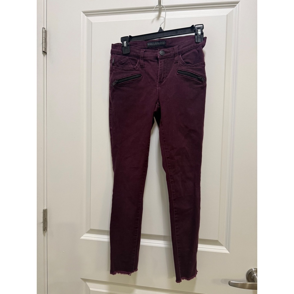 Rock & Republic Womens Skinny Jeans Burgundy Zipper Moto Raw Hem Size 4‎ Maroon